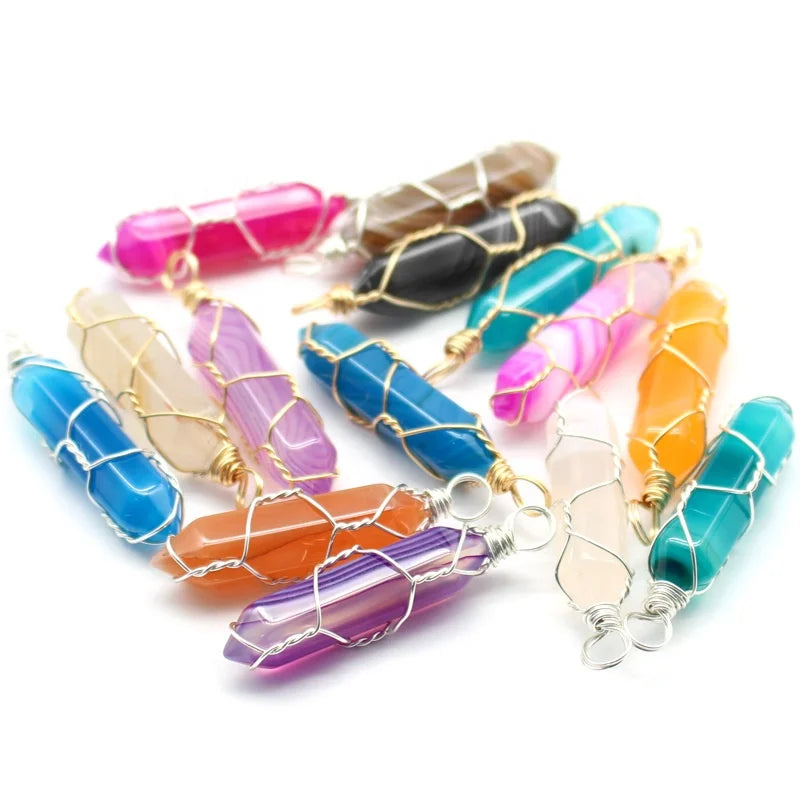 Hot Handmade Turquoise Rose Quartz Tiger Eye Hexagonal Prism Pendant Natural Crystal Stone for Children's Jewelry