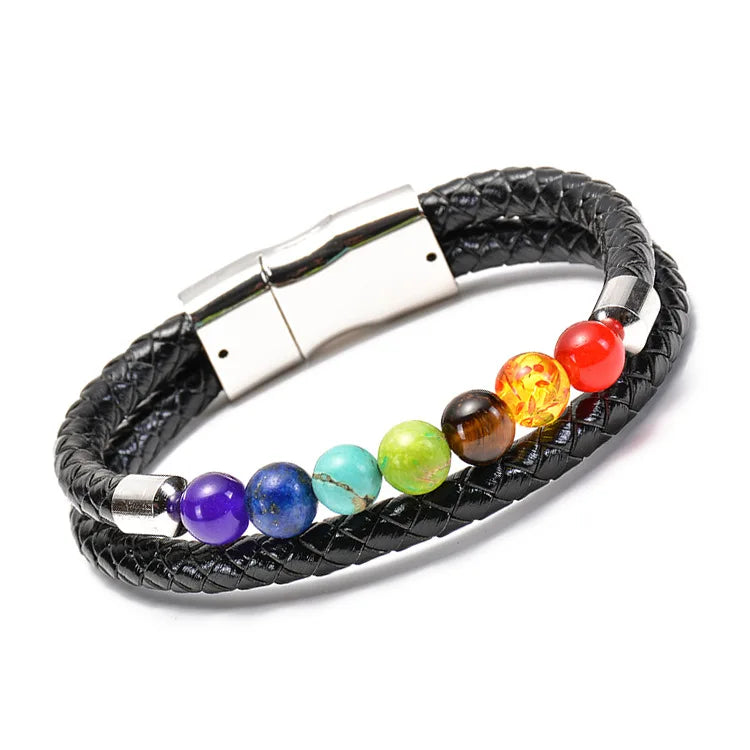 7 Chakra Magnetic Clasp Leather Bracelet Tiger's Eye Lapis Lazuli Gemstone Beads Yoga Healing for Men Women Zinc Alloy Material