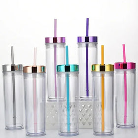 New Custom Logo 16oz clear Double Wall Spray Painted Skinny Tumbler with Lid and Straw Insulated Reusable Plastic Cups