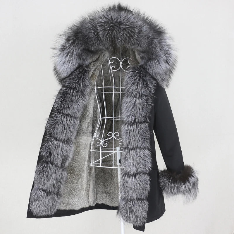 OFTBUY 2024 Women's Winter Parka Waterproof Long Jacket with Real Rabbit Fur Collar & Raccoon Fox Hood Warm Streetwear
