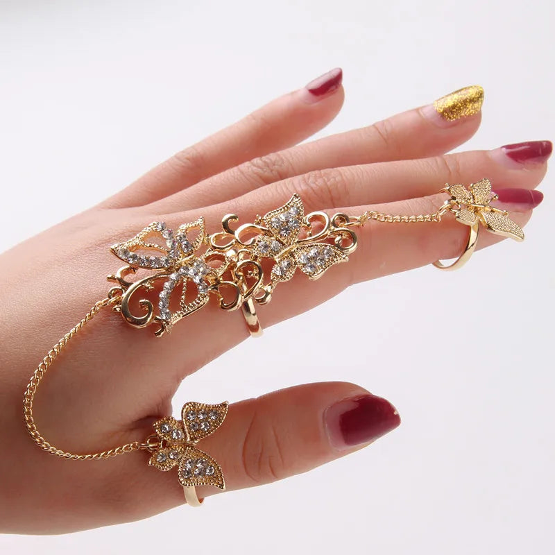 Gold Chain Link Rhinestone Flower Butterfly Full Finger Rings Set for Women Wholesale