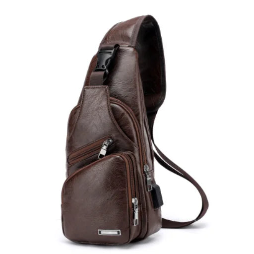 PU Genuine Cow Leather Crossbody Sling Bag for Men Vintage Fashionable Business Casual Style Retro Cool Chains Decoration