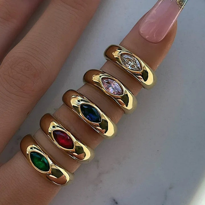 Fashion 18k Gold Plated Colorful Crystal Gemstone Oval Rings Cubic Zirconia Cz Geometric Eye Stainless Steel Ring for Women