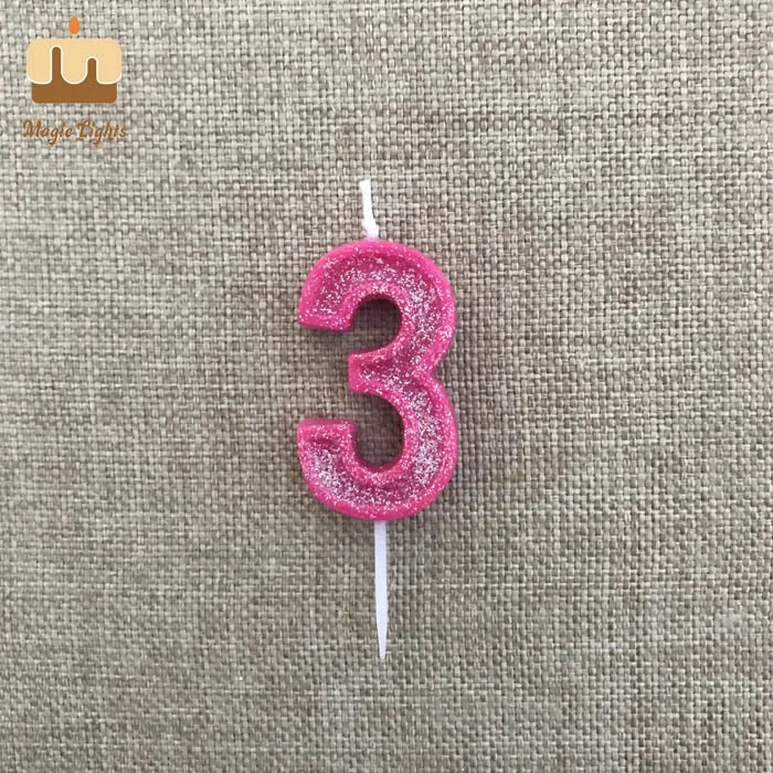 Custom Logo Cheap Pink Number Three Handmade Glitter Birthday Cake Candles for Home Decoration and Bars