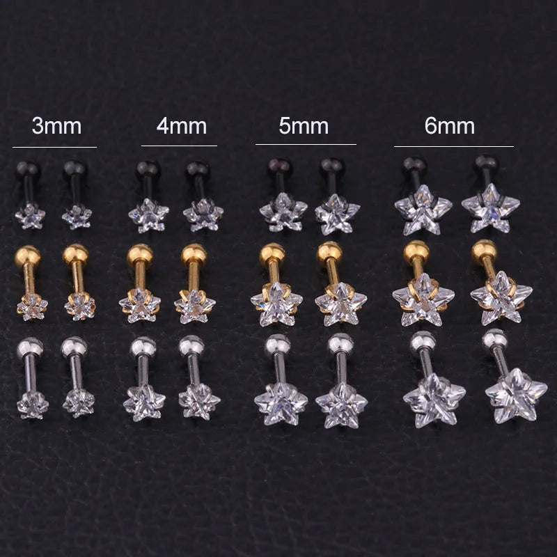 G23 Titanium Earrings Stainless Steel 3mm-6mm Pentagram Zircon Tragus Rook Helix Piercing Jewelry Stud Earrings