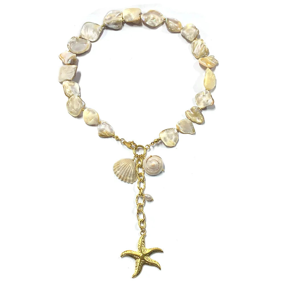 2024 Statement Stainless Steel Block Shell Necklace Exaggerated Irregular Baroque Pearl Shell Necklace Beach Jewelry