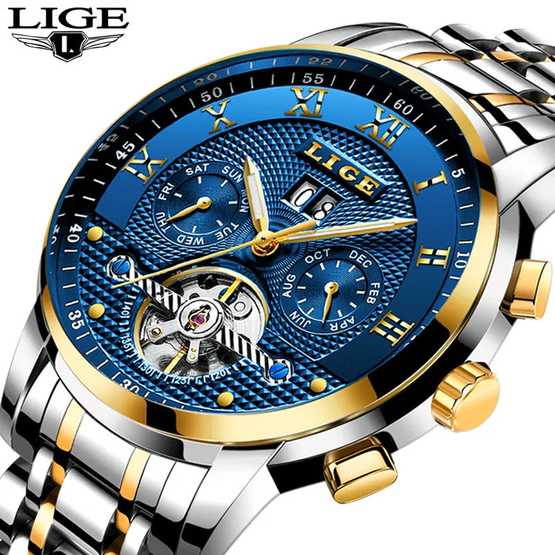 LIGE 9841  New Men Sport Mechanical Watch Men Luxury Waterproof WristWatch New Fashion Casual Men Watches Relogio Masculino
