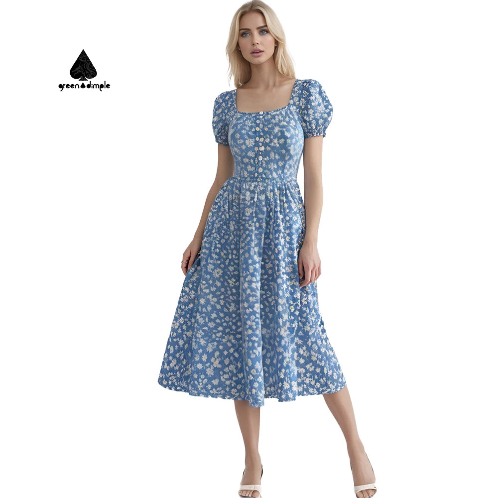 Custom Women's Ditsy Floral Square Neck Midi Dress Puff Sleeve Cotton-Blend A-Line Dress for Summer Casual Wear