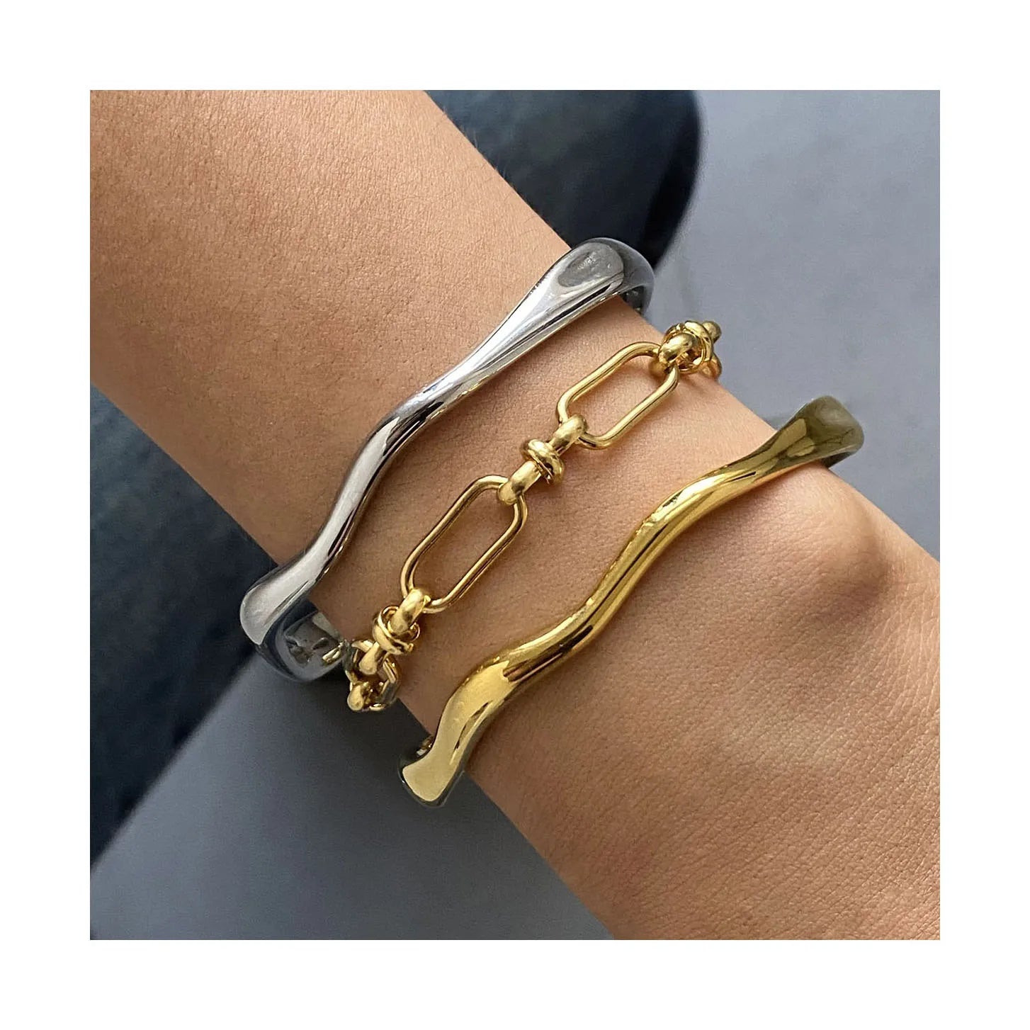 ERESI Irregular Minimalist Cuff Bangle Gold Plated Chain Bracelet Bangle Stainless Steel Jewelry Bijoux En Acier Inoxydable