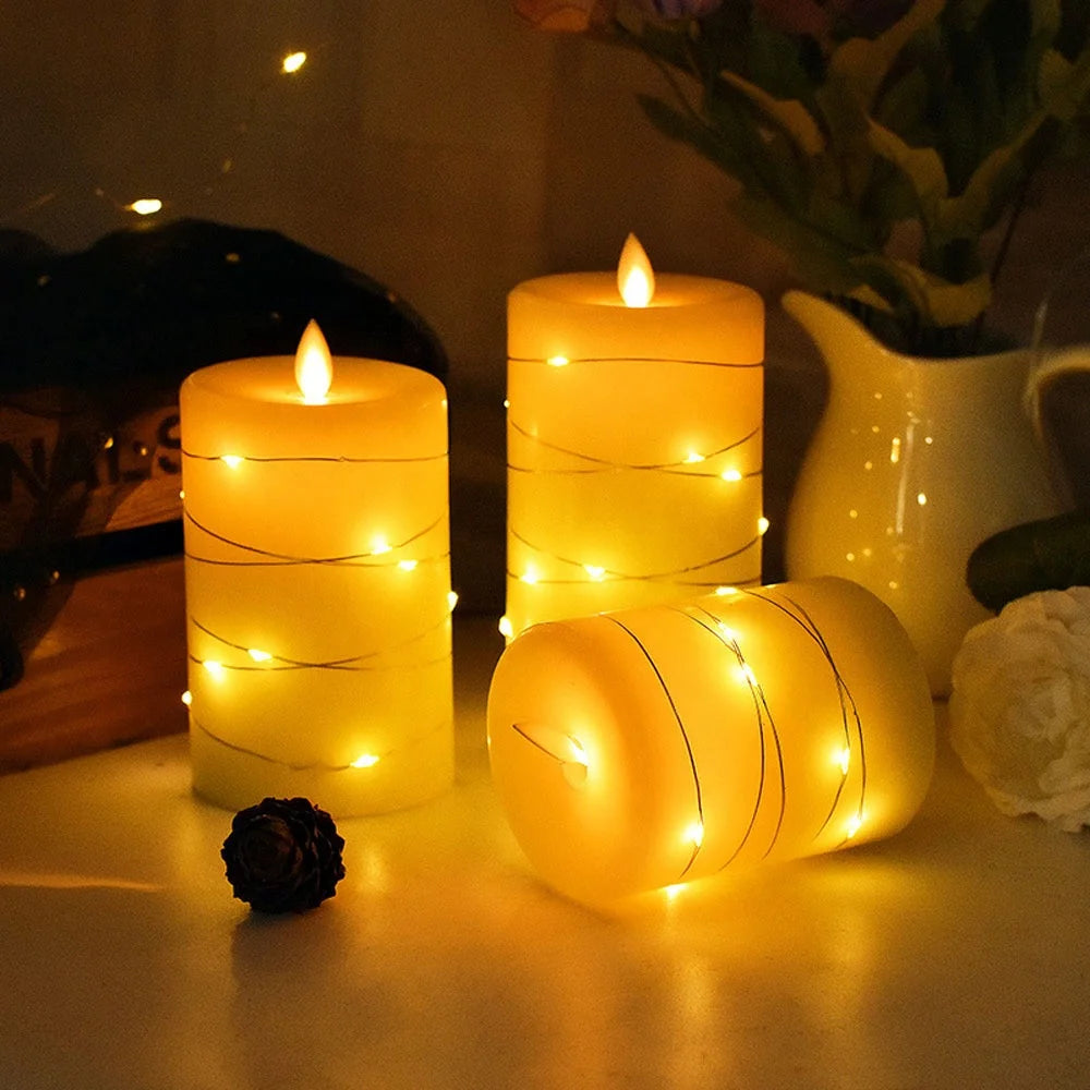 Battery Operated H4" 5" 6" Flameless Candle with Embedded String Lights Real Wax LED Flickering Candles Lamps for Wedding Party