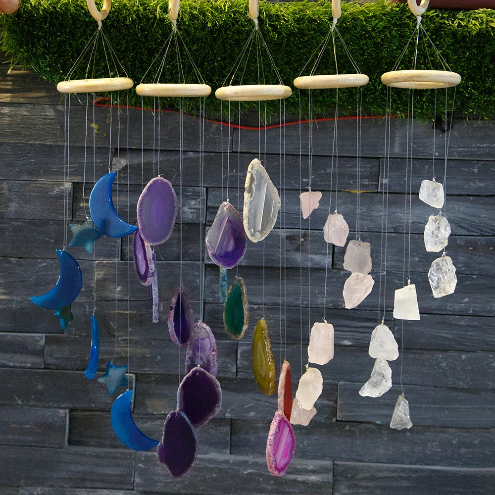 Natural Raw Stone Wind Chimes Outdoor Agate Slices Moon and Star Ornaments Decor Crystal Sun Catcher for Window Home Garden