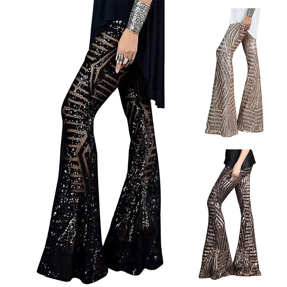 Trendy Lady Mesh Pattern High Waist Palazzo Pant Women Sequin Wide Leg Flare Pants