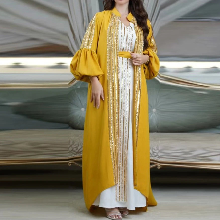 Wholesale Crepe 2 Piece Abaya Set Ramadan EID Muslim Dress Long Puff Sleeve Sequin Abaya With Slip