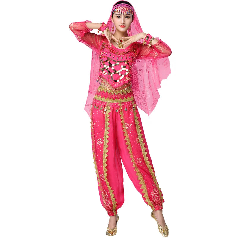 Adult's Exquisite Rose Patterned Long Sleeved Harem Pants Costumes Set Suitable for Indian Belly Dance Performance Suit Wear
