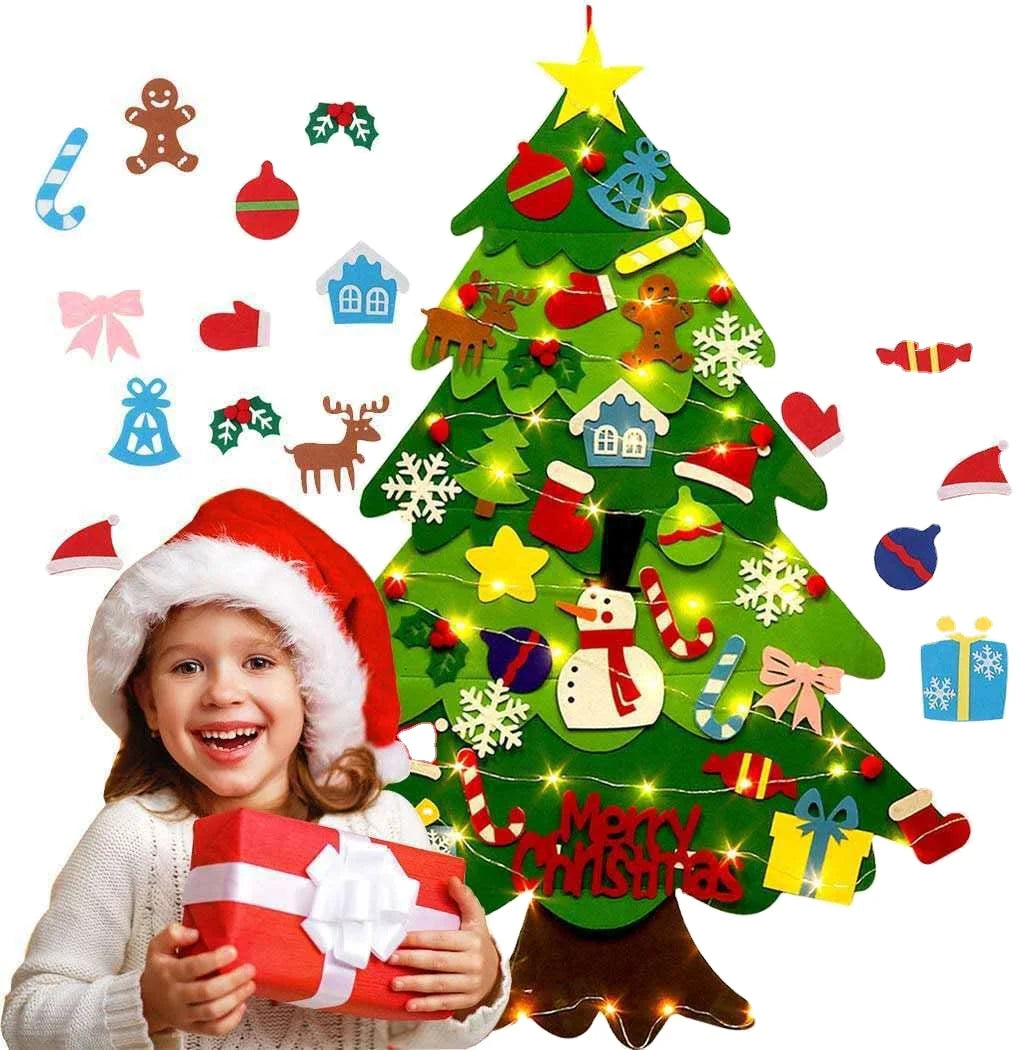 2025 New  DIY 3D Felt Christmas Tree Set with LED String Lights Wall Hanging Kids Gift for Christmas Tree Decoration