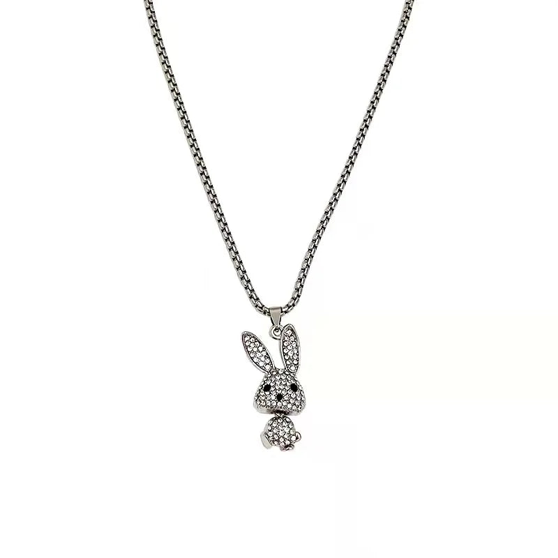 Unisex Stainless Steel Diamond Rabbit Pendant Necklace Silver Plated Hip Hop Style for Men and Women for Anniversary
