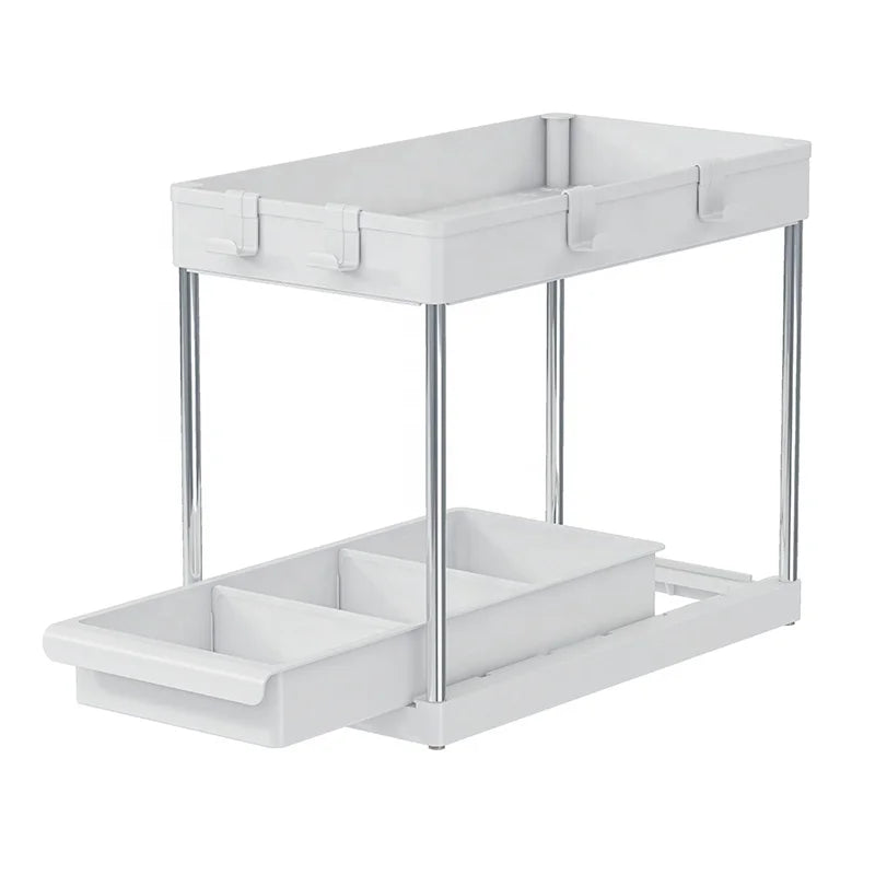 Sliding Cabinet Basket Organizer 2 Tier Under Bathroom Storage Rack with Hooks Under Sink Organizer with Drawer
