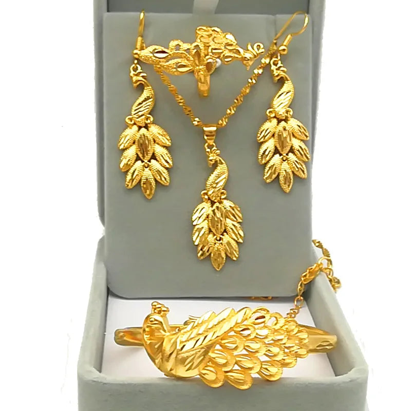 Exquisite Dubai Gold Jewelry Peacock  Necklace Earring Set Bridal Gold Plated Wedding Jewellery Set