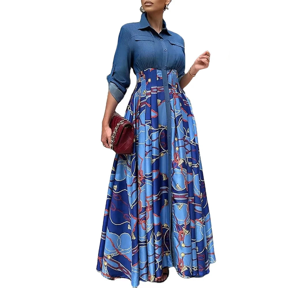 Women Lady Hot Sale Fashion Shirt Dresses Denim Patchwork Long Sleeve Printed Lapel Women's Floral Maxi Long Casual Dress
