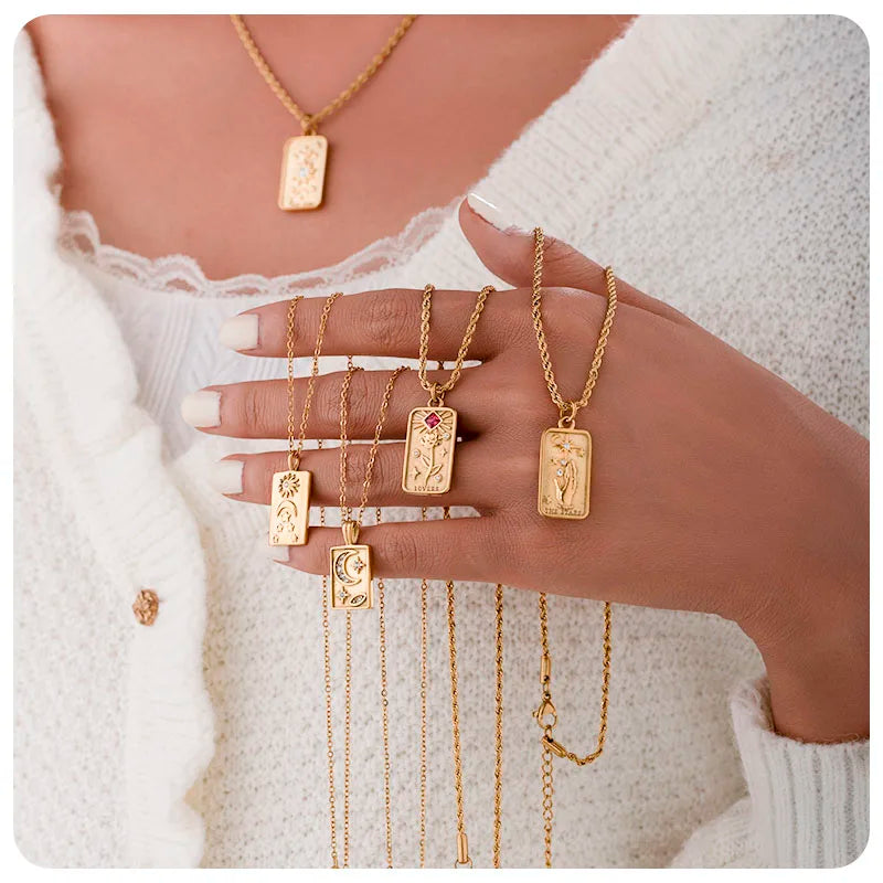 18K Gold Plated Stainless Steel Waterproof Jewelry Lovers Stars Sun Vintage Square Tarot Card Pendant Necklace for Women