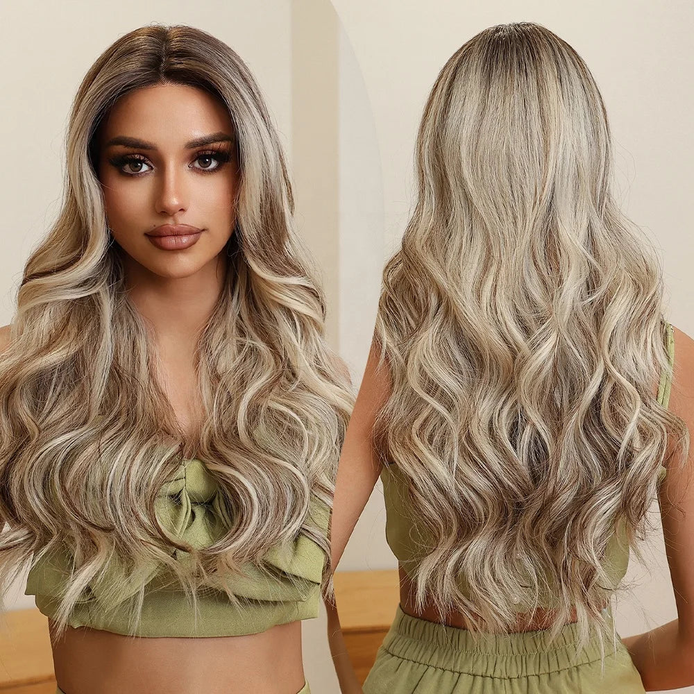 Japanese Fiber Lace Synthetic Wig Long Curly Hair Wave Wavy Dark Hair Root Blonde Brown Striped Wig Self Soft and Smooth 13x1x5