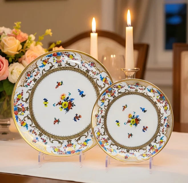 Karosa 4pcs Bone China Dinner Plate Soup Plate Desert Plate with Bowl Gold Rim Beautiful Flower Design Dinnerware Dinner Sets