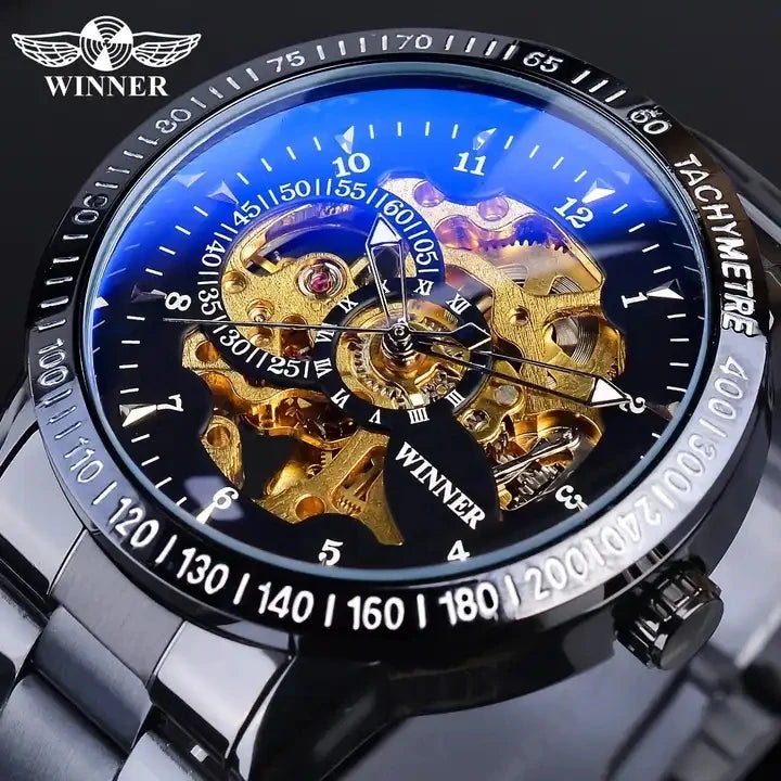 Winner 2023 New Men Top New Luxury Steampunk Black Golden Skeleton Clock Men Mechanical Watches Gift