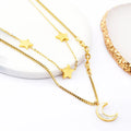 Woman Minimalist Chic Stainless Steel 18k Gold Plated Chain Two Layers Double Layered Moon and Star Pendant Necklace Jewelry