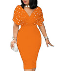 Factory Price Fashion Beading Solid V-Neck Plus Size Short Sleeve Dresses for Women