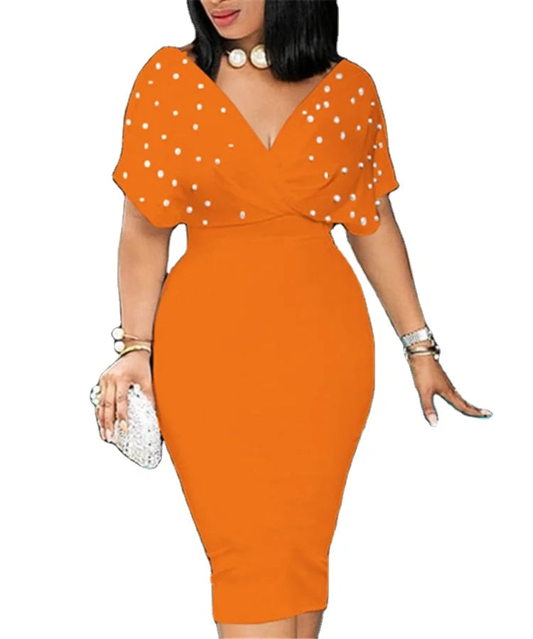 Factory Price Fashion Beading Solid V-Neck Plus Size Short Sleeve Dresses for Women