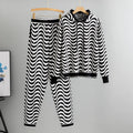 Women's Winter Two-Piece Set Hooded Knitted Fashion Sweater with Wavy Stripes Casual Sweatpants and Top