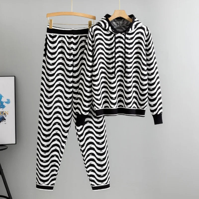 Women's Winter Two-Piece Set Hooded Knitted Fashion Sweater with Wavy Stripes Casual Sweatpants and Top