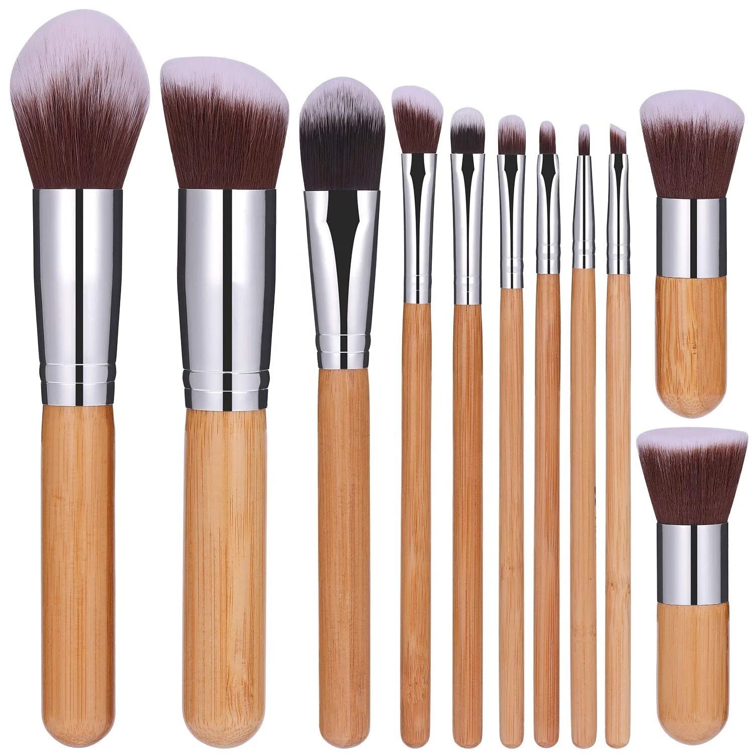 11Pcs Bamboo Synthetic Kabuki & Fan Brush Makeup Brushes Set for Face Eye Shadow Blush Foundation with Organizer