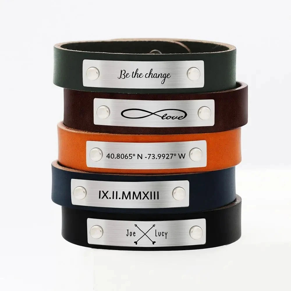 Personalized Engraving Bracelet Lovers Gift Stainless Steel Engraved Custom Genuine Leather Wristband Couple Bracelet for Men