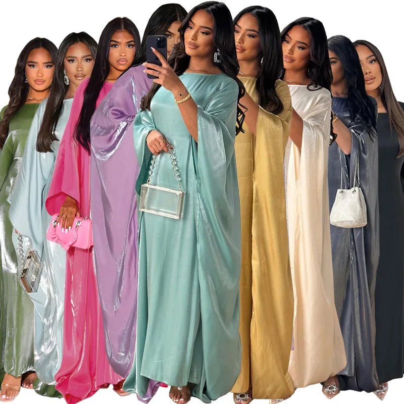 DEMU New 2024 Summer Middle Eastern Modest Muslim Fashion Bright Silk Satin Waist Abaya Dress