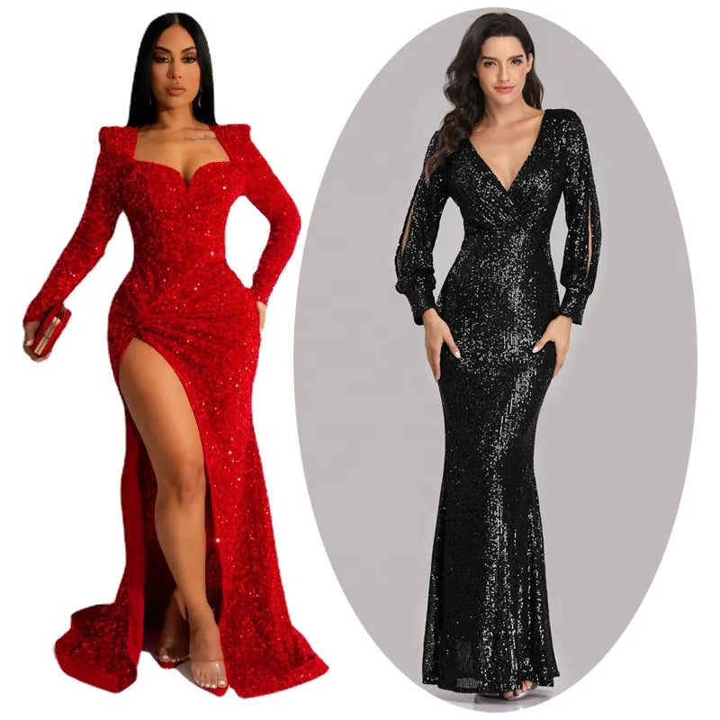 2026 Womens Sequin Prom Dresses Glitter Long Sleeve Mermaid Costume Bridesmaid Wedding Gown Maxi Dress