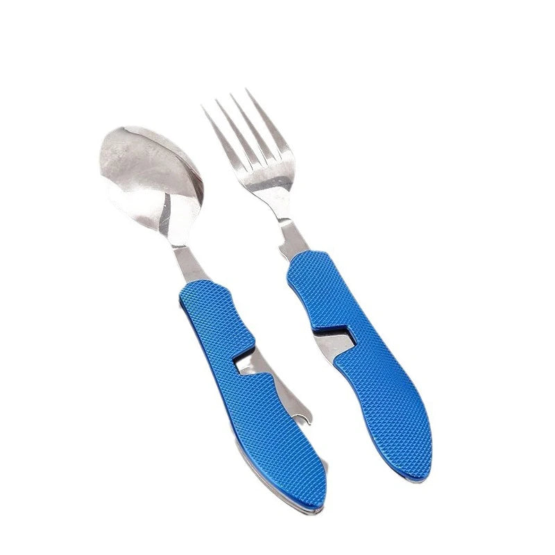 6 In1 Multitool Camping Utensils Portable Stainless Steel Spoon Fork Knife Bottle Opener Combo Set for Traveling Backpacking
