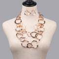 Luxury Women's Long Necklace Exaggerated Rose Gold Round Cutout Earrings Sweater Chain Hip Hop Alloy Necklace Set for Women