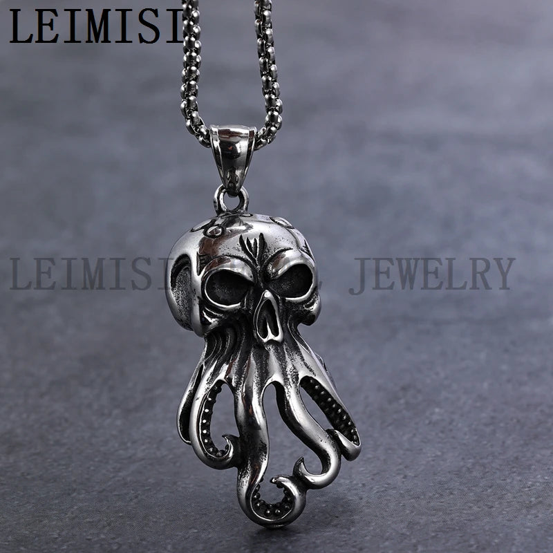 Fashionable Stainless Steel Punk Jewelry Water Proof Marine Animal Kraken Octopus Skull Hip Hop Rapper Pendant Necklace