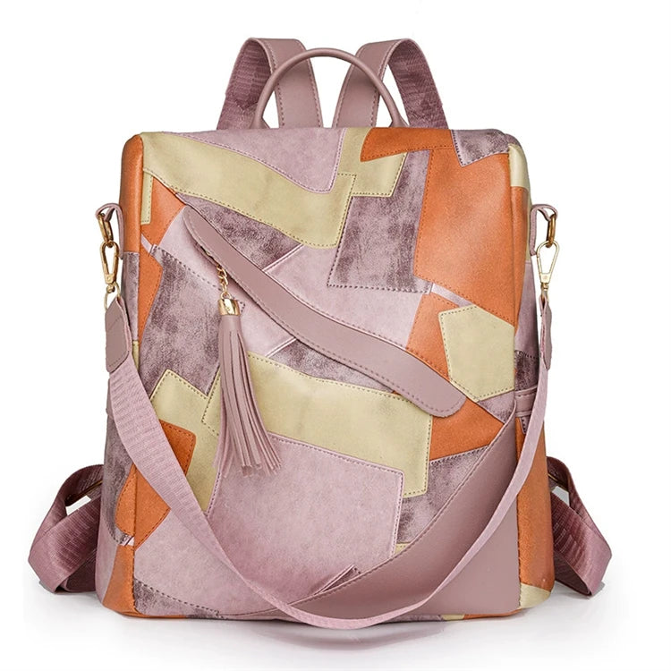 Women's Vintage Simple Design Convertible Backpack New Waterproof PU Leather Lady Style with Polyester Lining Anti-Theft Feature