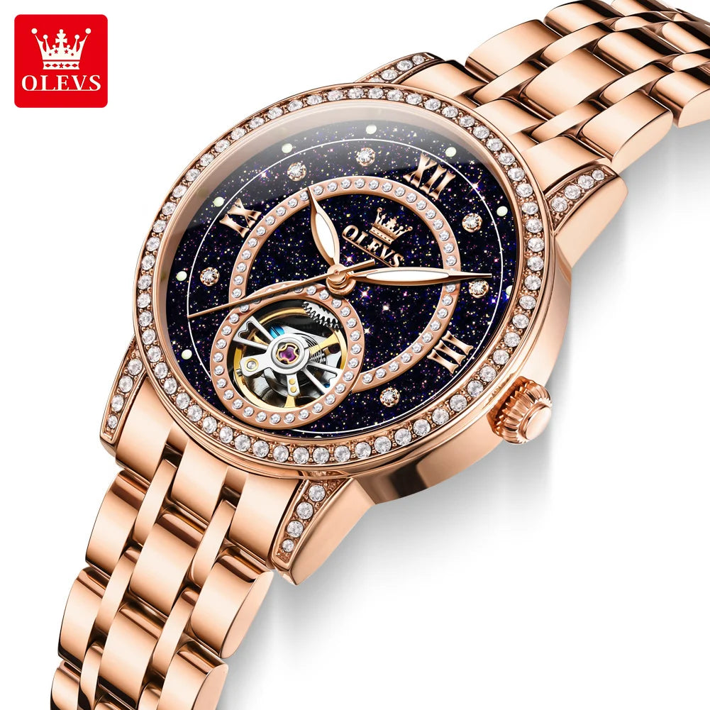 OLEVS 7036 Mechanical Watch OEM Luxury Women Automatic Wristwatch Stainless Steel Waterproof Watch