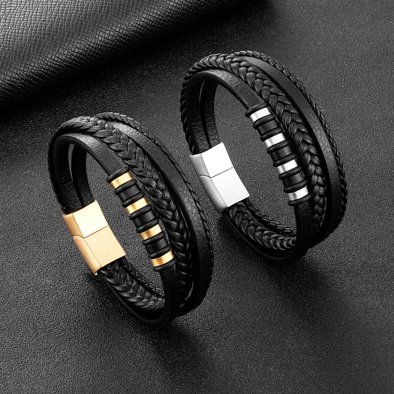 New Fashion Stainless Steel Clasp Multi Layer Real Genuine Leather Bracelet Jewelry for Men