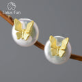 Lotus Fun Handmade Fresh Water Pearl Butterfly Stud Earrings 925 Sterling Silver With 18k Gold Plated Fine Jewelry for Women