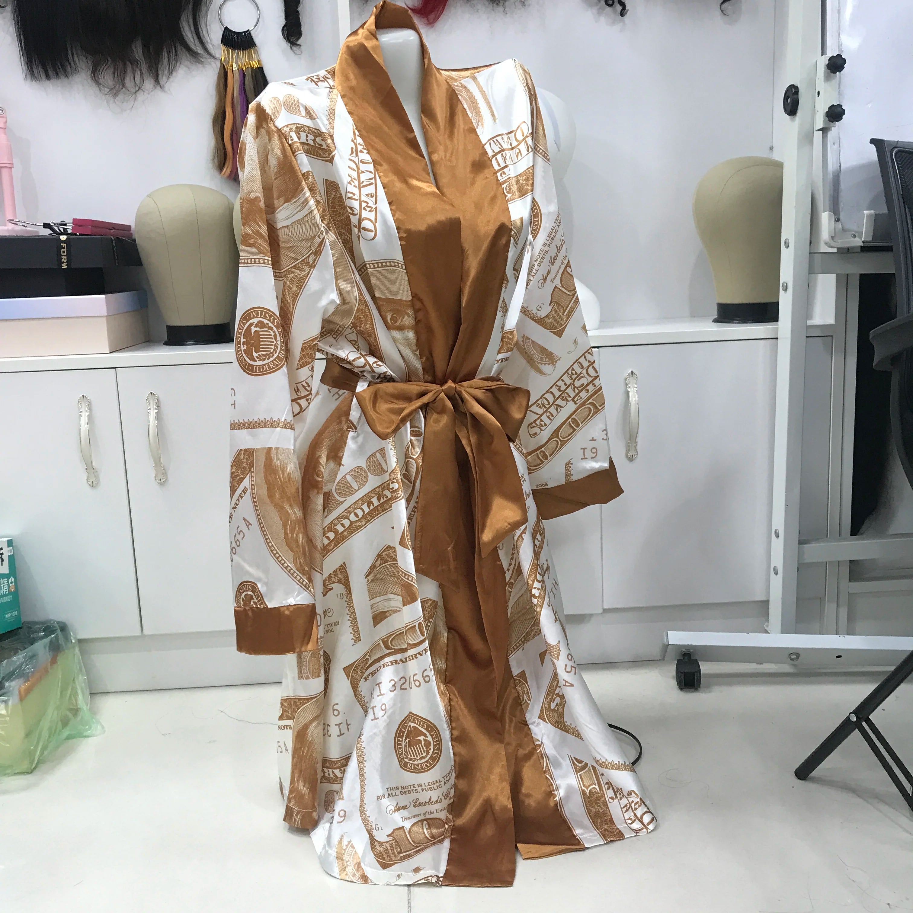 Sexy Money Print Silk Luxury Pajama Bathrobe Home Clothes Satin Robe Woman Sleepwear Designer Women Robe