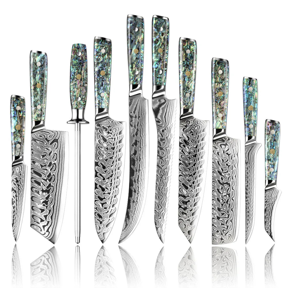 Amber Abalone Knife Set Butcher Kitchen Chef Utility Fruit Paring Knife Damascus Steel Knife Set
