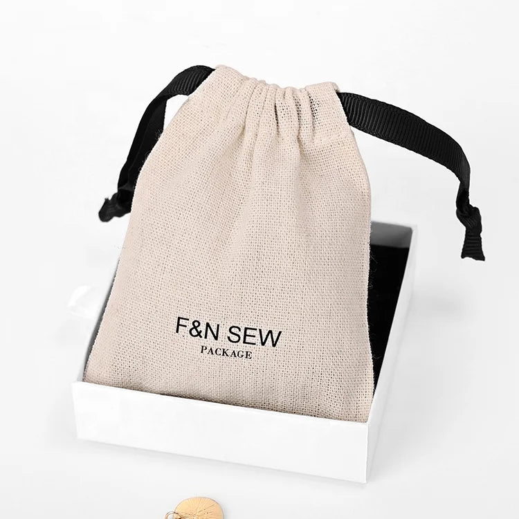 Custom Ivory Mini Drawstring Cotton Canvas Linen Eco Friendly Draw String Gift Jewelry Pouch Bag White with Logo