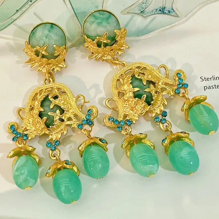 Kaimei 100 Designs Fashion Accessories  Exaggerates Palace Style Tassel Earrings Retro Green Agate Statement Earrings