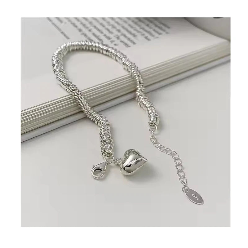 Pure Handmade Quality 925 Sterling Silver Circle Big Heart Charm Women Bracelet Fine Jewelry