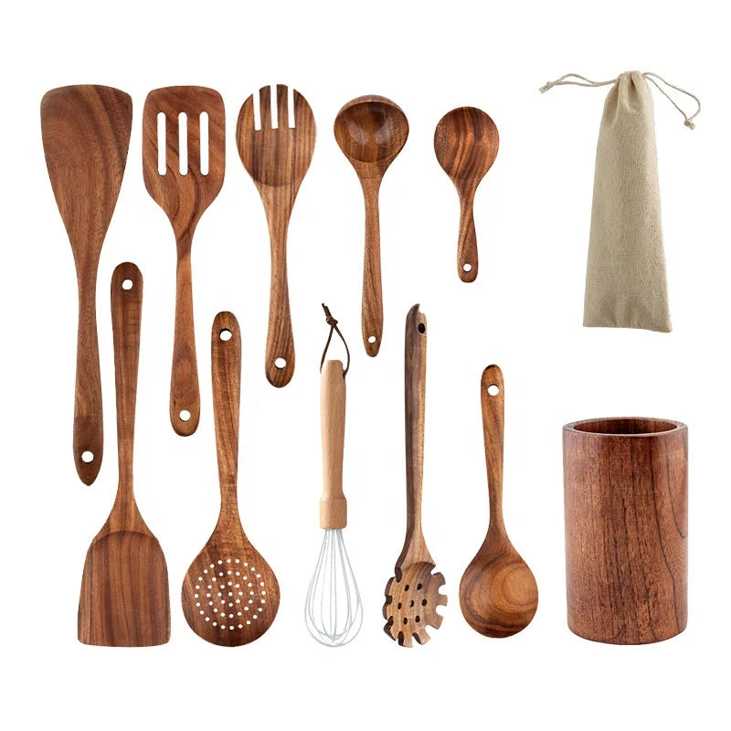 Acacia Teak Wood Spatula 12pcs Utensil Set with Holder Cooking Non-stick Wooden Spoon  Household Kitchen Supplies