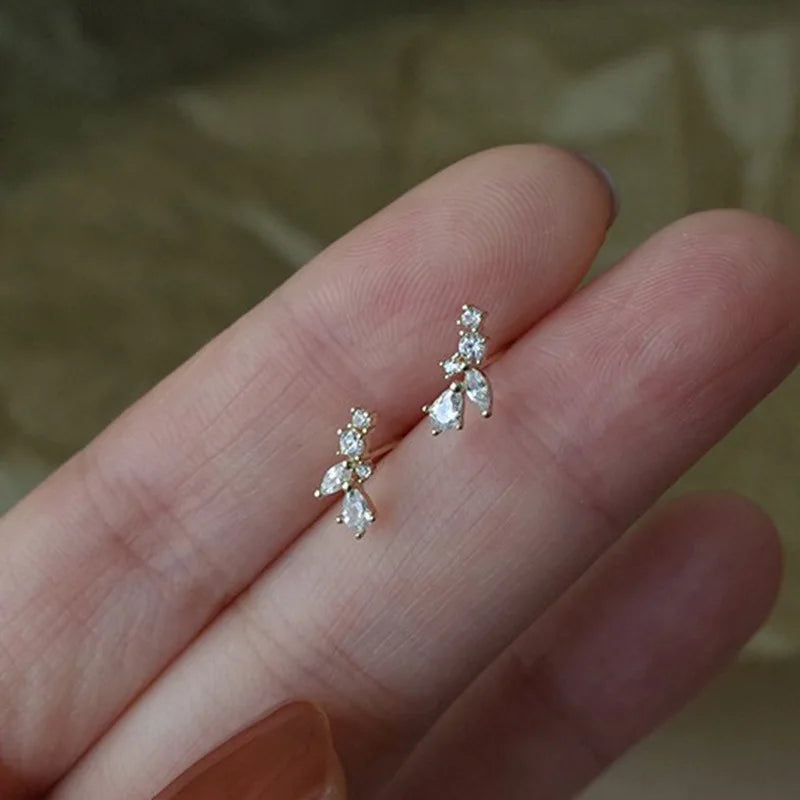 Simple Cute Pure 925 Sterling Silver Zirconia Small Leaf Branches Shape Stud Earrings for Women Girls Jewelry